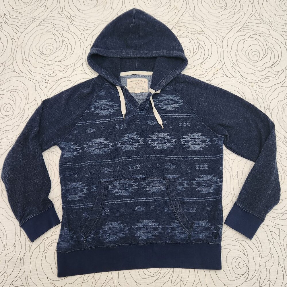 [M] AMERICAN EAGLE OUTFITTERS Faded Aztec Tribal Print Pullover Hoodie Blue